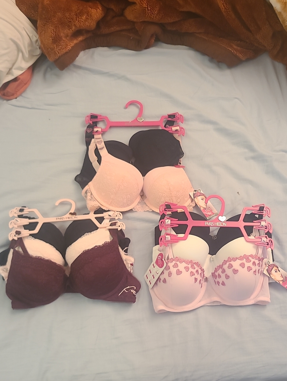 Paris Hilton Pink & Black Heart Lace Push-Up Bra Set. 8 Pairs.  34 B